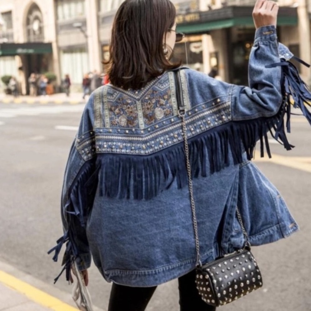 New Bohemian Western Fringe Detailed Embroidered Oversized Denim Jean Jacket - Picture 6 of 12